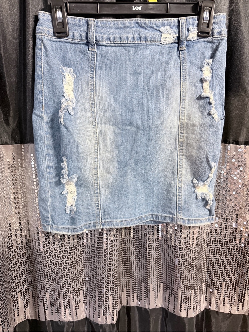 Light Wash Distressed Denim Skirt - Light Blue